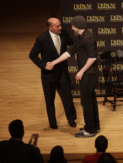Jason Reitman shaking hands with Brian Casey